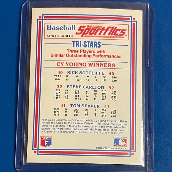 Cy Young Winners [Sutcliffe/Carlton/Seaver] #70 1986 Sportflics Baseball Card - Picture 2 of 2